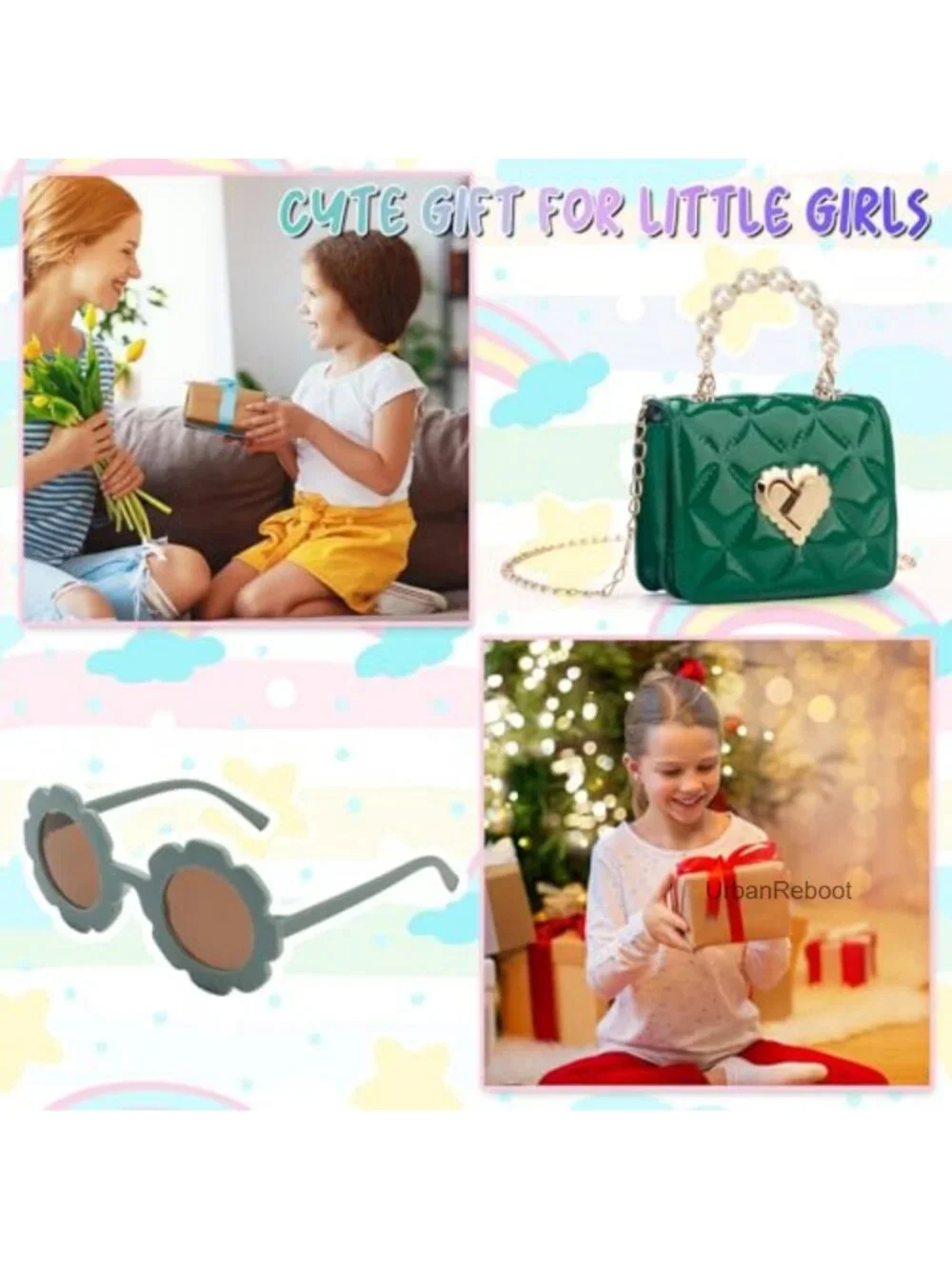 Toddler Girls Heart Lock Purse Beaded Handle Faux Leather with Glasses